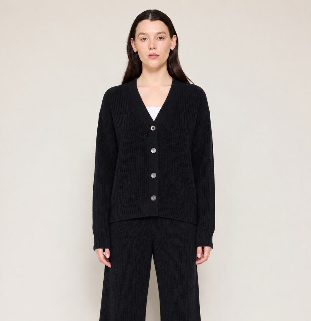 JOHN PATRICK Merino Wool Silk Ribbed Cardigan Sweater Black Large L